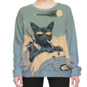 Top Pullover Waffle Thin Thermal Womens Oversize Med Green With Cool Cat Trendy